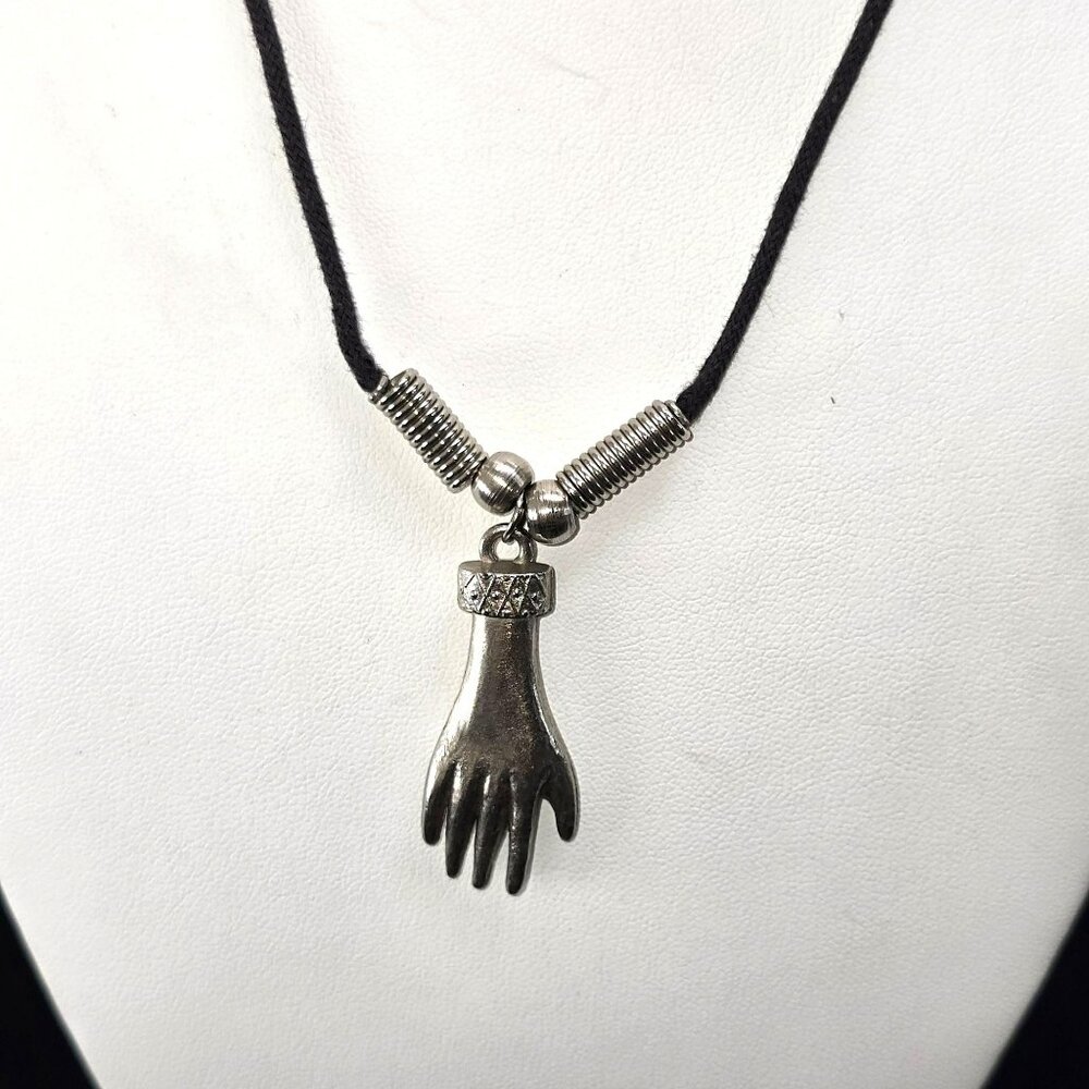 Vintage Silver Hand Pendant Necklace On Black Cord With Coil Accents HS217